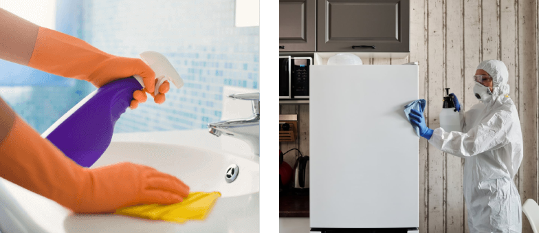 Person cleaning a kitchen sink with a yellow cloth.
