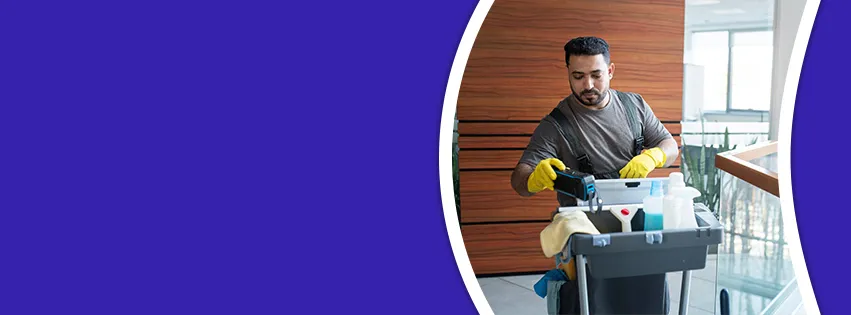 Person riding a motorcycle against a blue and white graphic background.