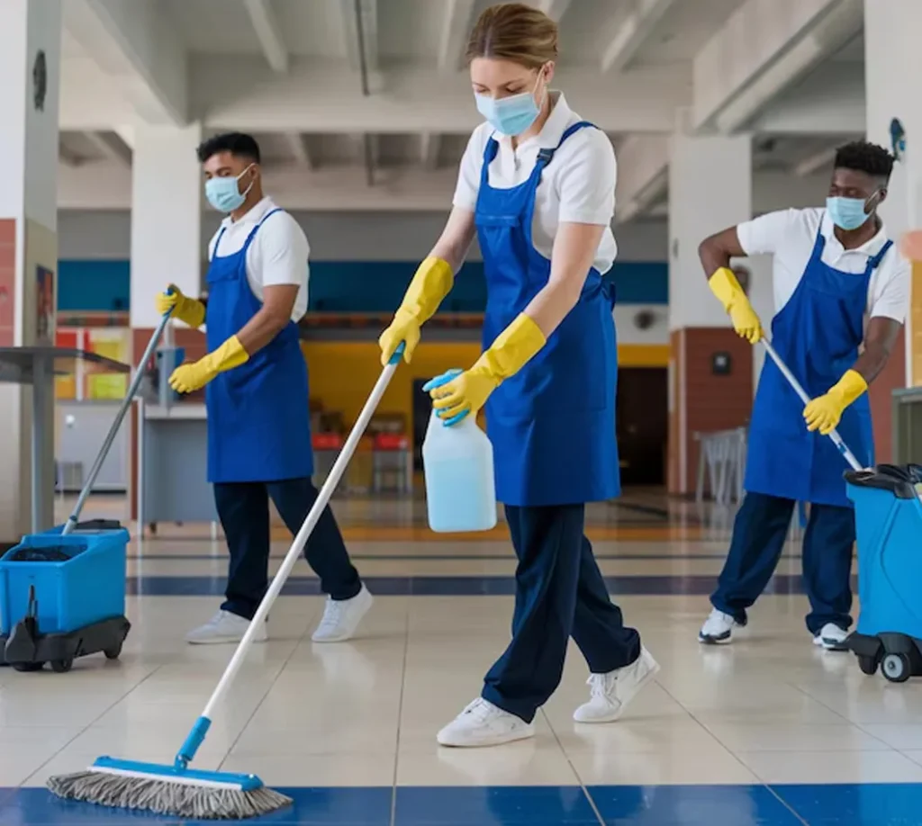 Janitors cleaning a hallway floor wearing masks and gloves.