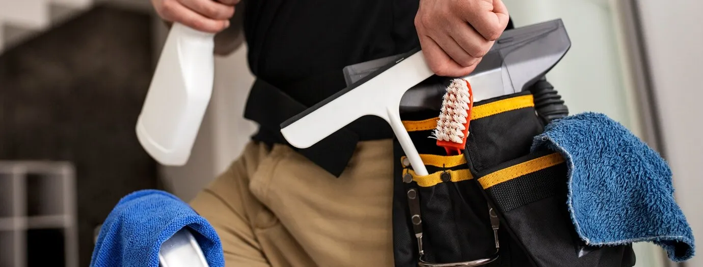 Person holding a tool and a tool bag with various items.