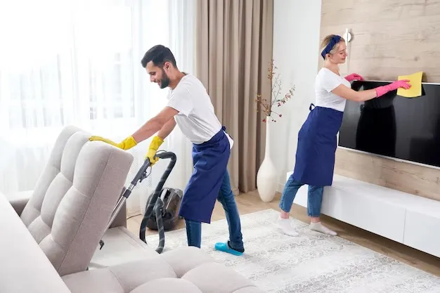Two people cleaning a house